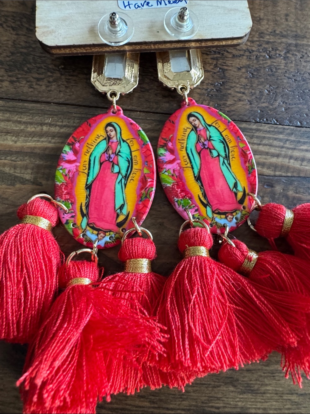 Our Lady Red Tassel Statement Earrings - Picture 4 of 4